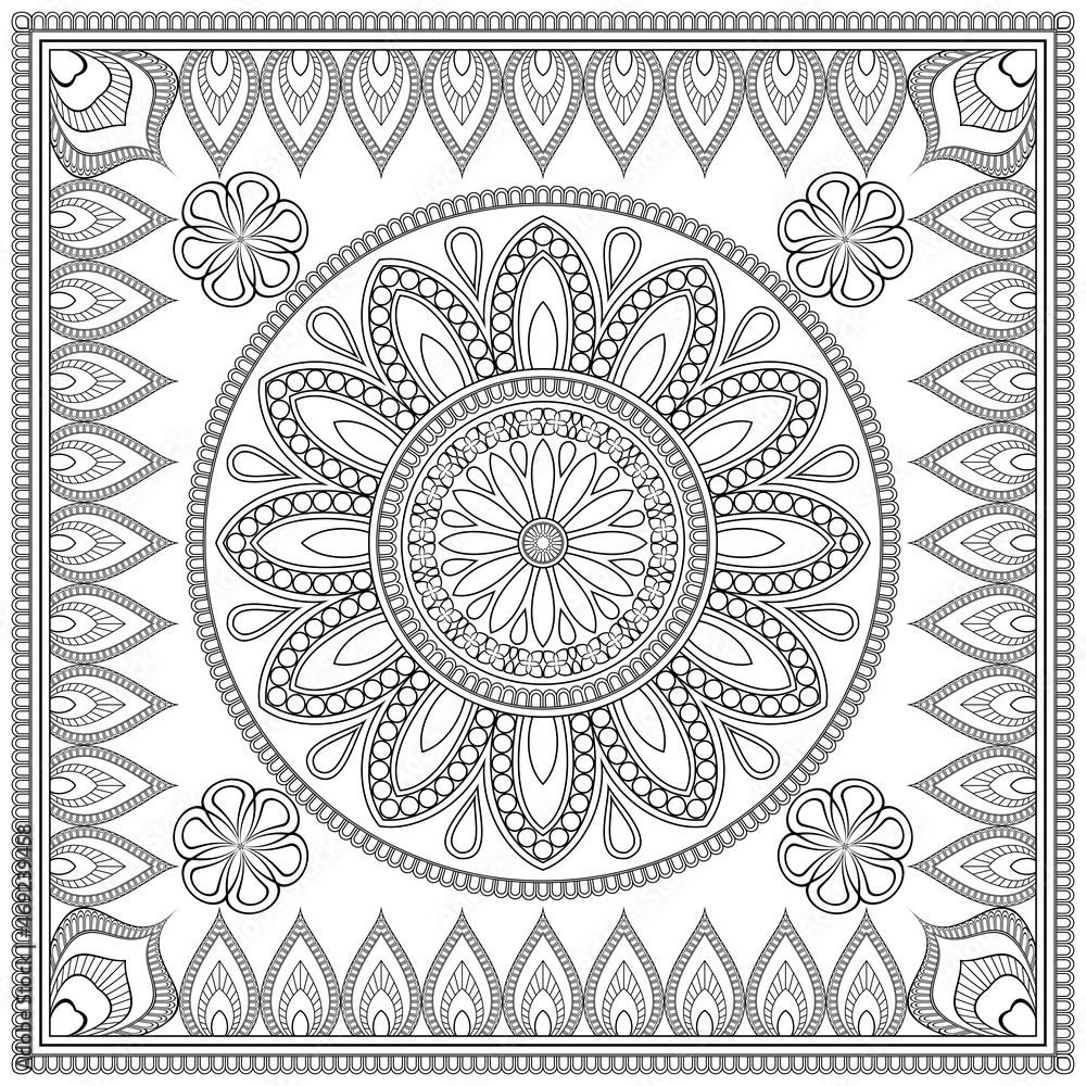 Vector coloring. Geometric floral pattern in an openwork frame. Contour drawing on a white background.