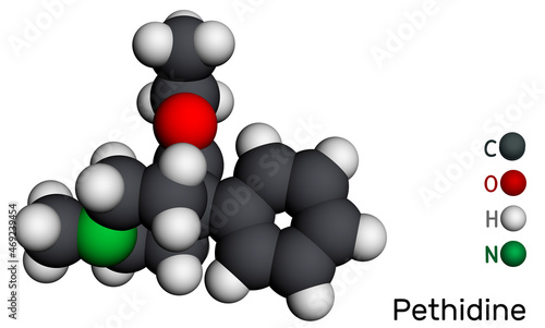 Pethidine, meperidin molecule. It is opioid agonist with analgesic and sedative properties used to manage moderate-to-severe pain. Molecular model. 3D rendering photo