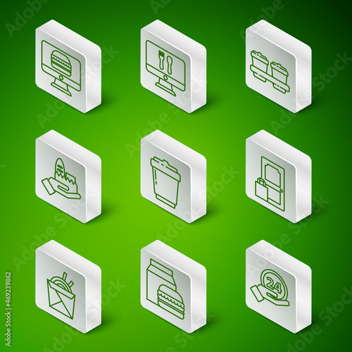 Set line Clock 24 hours, Online ordering and burger delivery, Coffee cup to go, Asian noodles chopsticks and icon. Vector