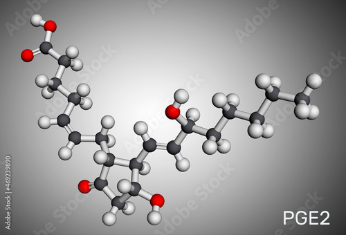 Prostaglandin E2 PGE2  dinoprostone molecule. It is used to induce labor or abortion. Molecular model. 3D rendering