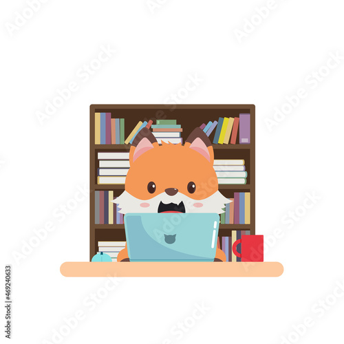 Kawaii, a Cute fox animal using a computer for working or studying. Cute cartoon pet character. Little foxy in sweet childish style. Funny Japanese Korean design. Mascot, emoji, avatar, logo, sticker.
