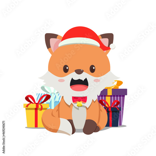 Kawaii, a Cute fox animal celebrates Christmas. Cute cartoon pet character. Little foxy in sweet childish style. Funny Japanese Korean design. Mascot, emoji, avatar, logo, game, sticker, print.