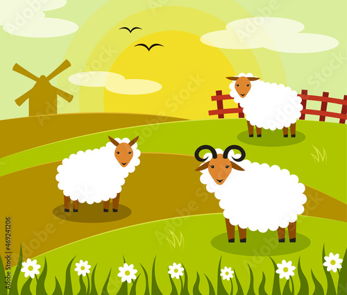 Lamb standing in the field. Three sheep vector illustration. Windmill and country fence. Ranch and farm concept. Rural landscape. Sheep cartoon. Countryside illustration. Flock of sheep. Farm meadow. 