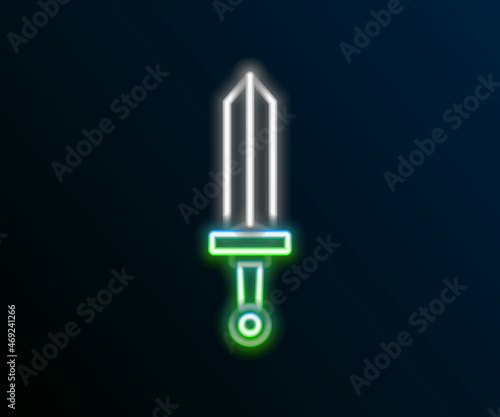 Glowing neon line Medieval sword icon isolated on black background. Medieval weapon. Colorful outline concept. Vector