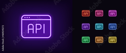 Outline neon API icon. Glowing neon app window with API sign, development interface pictogram. Application programming interface, software and app development. Vector icon set, symbol for UI