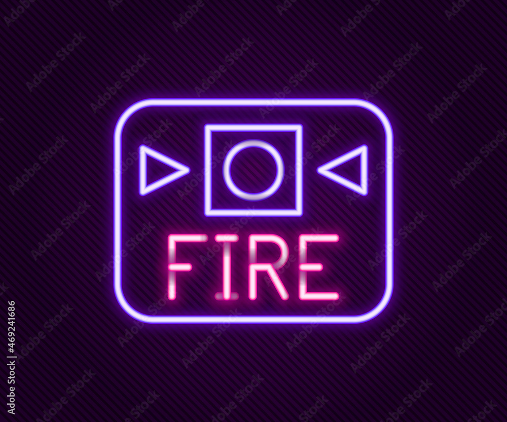 Glowing neon line Fire alarm system icon isolated on black background. Pull danger fire safety box. Colorful outline concept. Vector Glowing neon line Fire alarm system icon isolated on black background. Pull danger fire safety box. Colorful outline concept. Vector