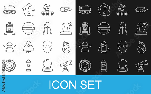 Set line Telescope, Robot, Astronomical observatory, Mars rover, Planet, and Satellite icon. Vector