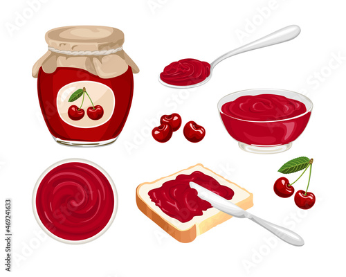 Cherry jam set. Vector marmalade spread on piece of toast bread, knife, glass jar with jelly, spoon, bowl and fresh red berry isolated. Sweet food illustration in cartoon flat style.