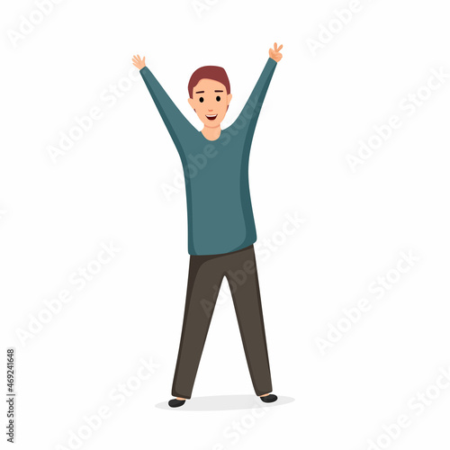 Happy man with hands raised up. Vector cartoon illustration
