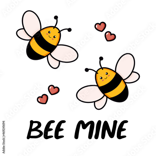 Cute bee greeting card. Hand drawn postcard for anniversary, valentines colored trendy vector illustration with text. Cartoon doodle style with a phrase be mine. Flat design isolated on white