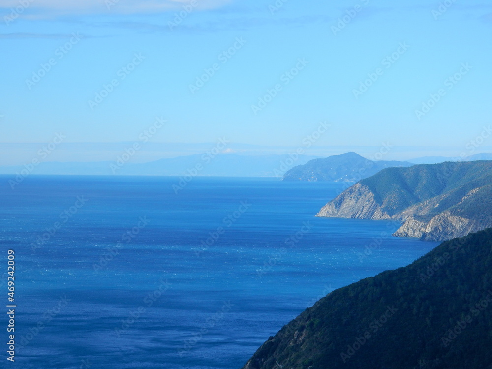 hiking between Deiva Marina and Framura with a stunning view to the ligurian coastline and Portofino mountain and Punta Baffe, Italy