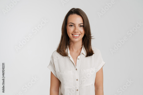 Young european woman smiling and looking at camera