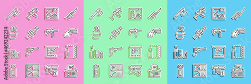 Set line Hunting shop weapon, Bullet, Small gun revolver, Advertising, Sniper optical sight, Hand grenade, Wooden axe and Submachine M3 icon. Vector photo