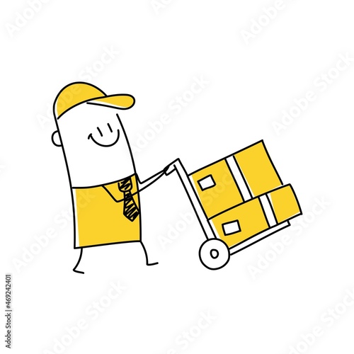 Delivery man carries cardboard boxes on a trolley. Funny stick man.
