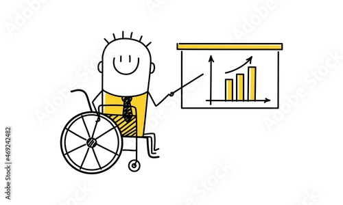 Disabled man sitting in a wheelchair makes a presentation. Funny stick figure man.