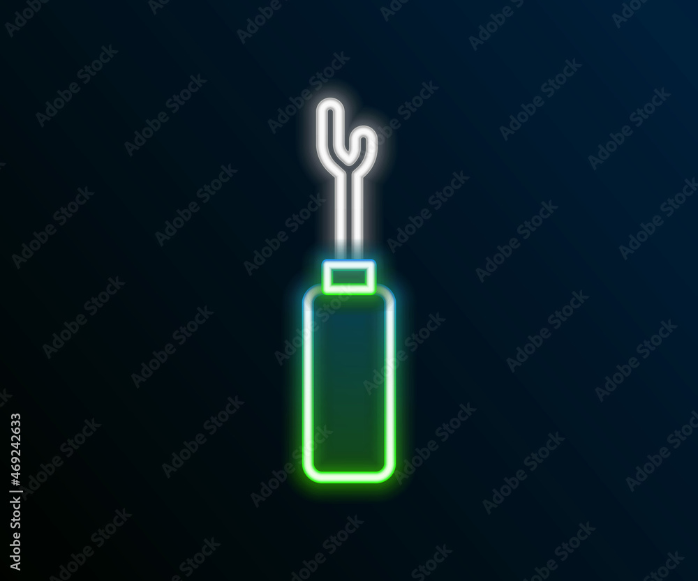 Glowing neon line Awl tool with wooden handle icon isolated on black background. Work equipment tailor industry. Colorful outline concept. Vector Glowing neon line Awl tool with wooden handle icon isolated on black background. Work equipment tailor industry. Colorful outline concept. Vector