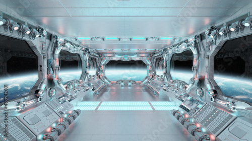 Fototapeta Naklejka Na Ścianę i Meble -  White spaceship interior with glowing blue and red lights. Futuristic spacecraft with large window view on planet Earth. 3D rendering