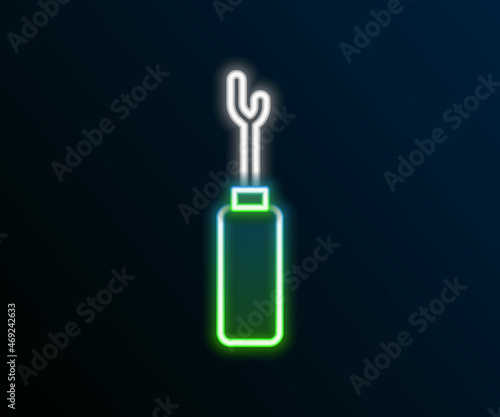Glowing neon line Awl tool with wooden handle icon isolated on black background. Work equipment tailor industry. Colorful outline concept. Vector