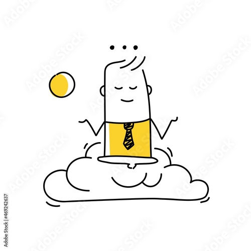 Stick man hovering in the clouds, dreamy businessman.