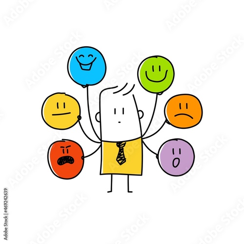 Stick man with masks expressing different emotions.
