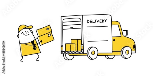 Stick figure man with cardboard boxes. Delivery truck with cardboard boxes. Delivery service concept.