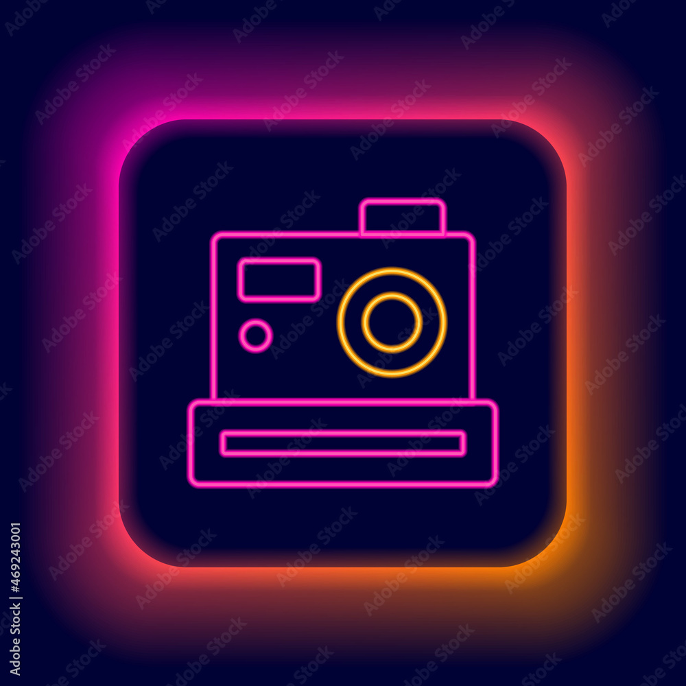 Glowing neon line Photo camera icon isolated on black background. Foto camera. Digital photography. Colorful outline concept. Vector Glowing neon line Photo camera icon isolated on black background. Foto camera. Digital photography. Colorful outline concept. Vector