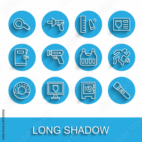 Set line Donut, Police database, Whistle, Safe, Flashlight, electric shocker, Crime scene and Bulletproof vest icon. Vector