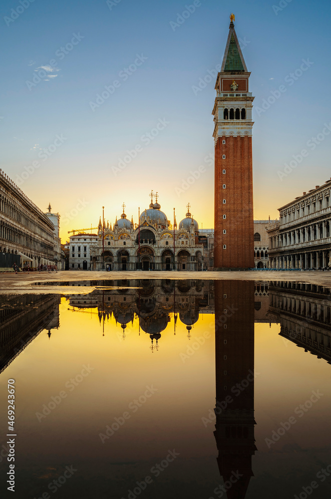 St. Mark's Square and Basilica during Sunrise in Venice, Italy.