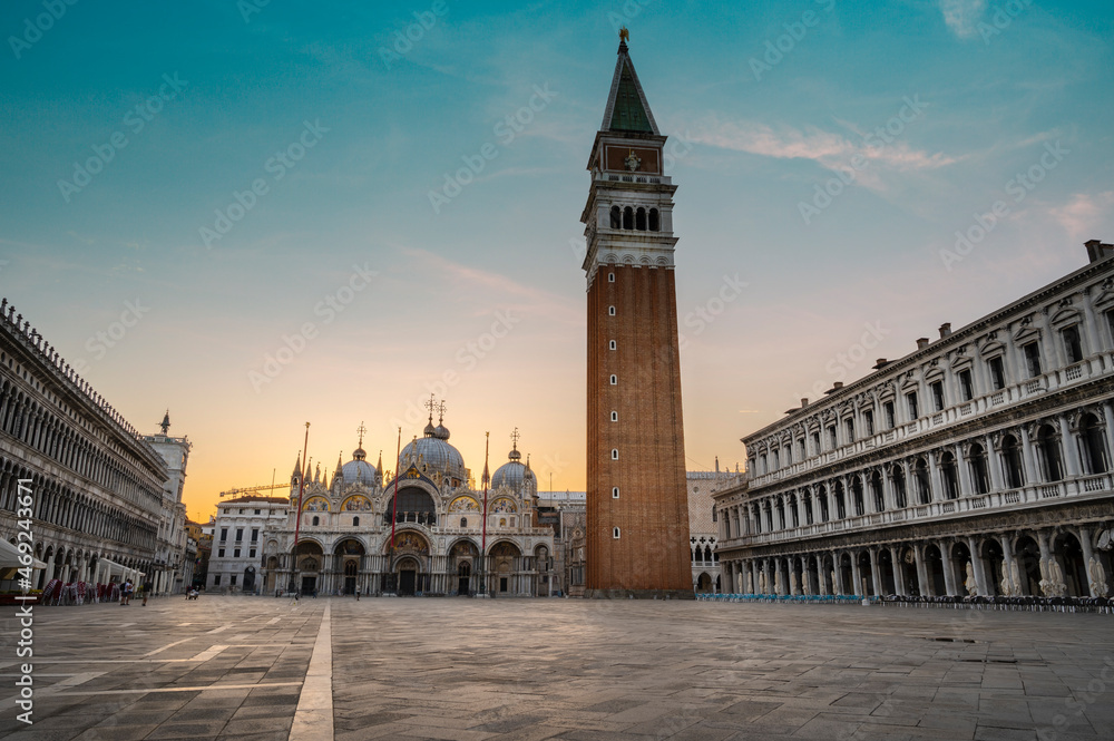 St. Mark's Square and Basilica during Sunrise in Venice, Italy.
