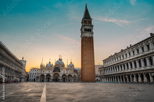 St. Mark's Square and Basilica during Sunrise in Venice, Italy.