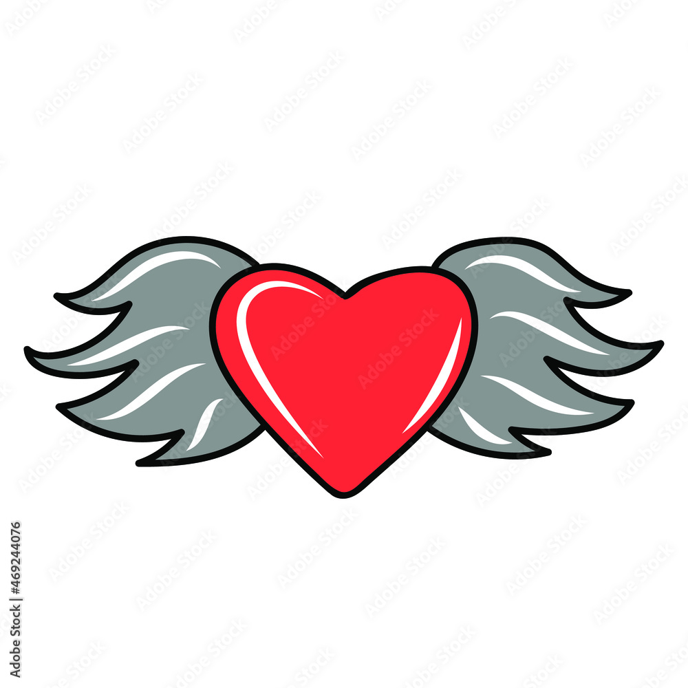 Heart with wings. Happy Valentines day hand-drawn decorations. Vector illustration in doodle style.