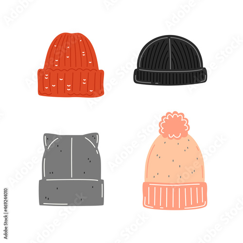 Set of warm hats. Seasonal autumn or winter clothes. Vector flat illustration