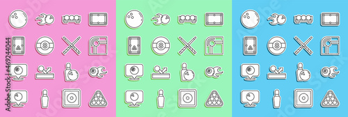 Set line Billiard balls in rack triangle, table, on stand, Bowling and Crossed billiard cues icon. Vector