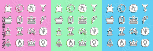 Set line Venus, Neptune planet, Feather pen, Comet falling down fast, Magic runes, Mortar and pestle, Witch cauldron and Bottle with potion icon. Vector