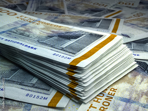 Danish money. Danish krone banknotes. 100 DKK kroner bills.