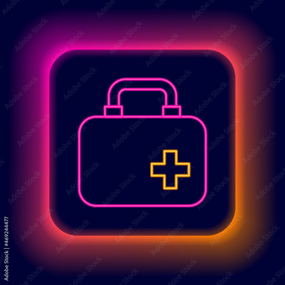 Glowing neon line First aid kit icon isolated on black background. Medical box with cross. Medical equipment for emergency. Healthcare concept. Colorful outline concept. Vector Glowing neon line First aid kit icon isolated on black background. Medical box with cross. Medical equipment for emergency. Healthcare concept. Colorful outline concept. Vector