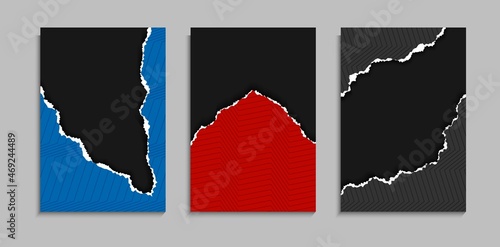 Set Of Paper Torn Ripped With Minimal Lines Pattern Design Template In Black Background