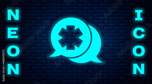 Glowing neon Dialogue with the doctor icon isolated on brick wall background. Doctor and patient dialog. Consulting about medical health services. Vector