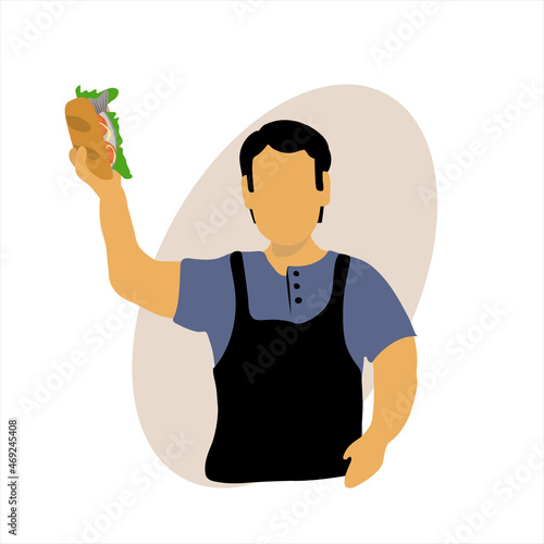
Fish Sandwich Seller. The Turkish chef prepares a fish sandwich. Grilled fried fish. A man with Balik Ekmek. Sells. Best street food. Isolated on a white background.
