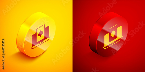 Isometric Online poker table game icon isolated on orange and red background. Online casino. Circle button. Vector