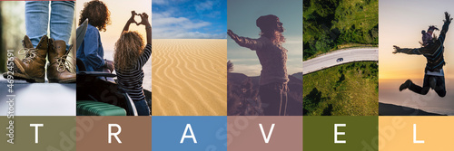 Pastel banner tones travel destinations and happy free people concept. Header for summer holiday vacation men and women lifestyle. Outdoor leisure activity and having fun