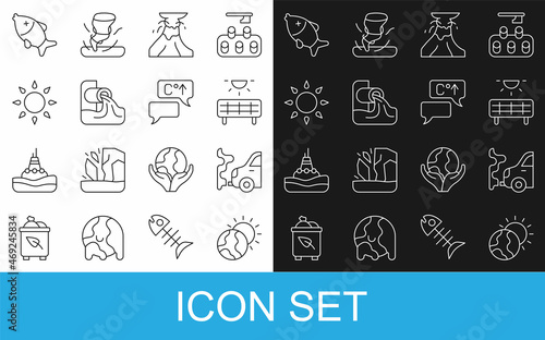 Set line Global warming, Car exhaust, Solar energy panel, Volcano eruption with lava, Wastewater, Sun, Dead fish and icon. Vector