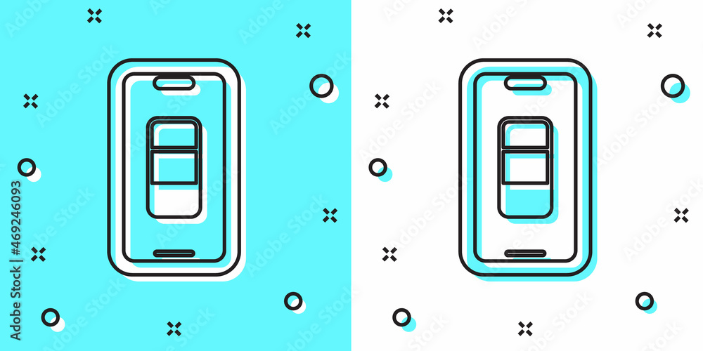 Black line Smartphone battery charge icon isolated on green and white background. Phone with a low battery charge. Random dynamic shapes. Vector Black line Smartphone battery charge icon isolated on green and white background. Phone with a low battery charge. Random dynamic shapes. Vector