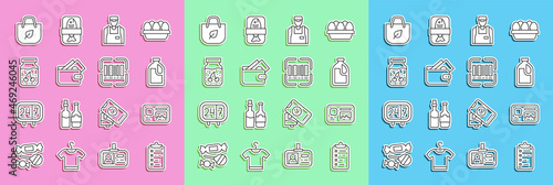 Set line Shopping list, Identification badge, Bottle for cleaning agent, Seller, Wallet with money, Jam jar, bag recycle and Scanner scanning bar code icon. Vector