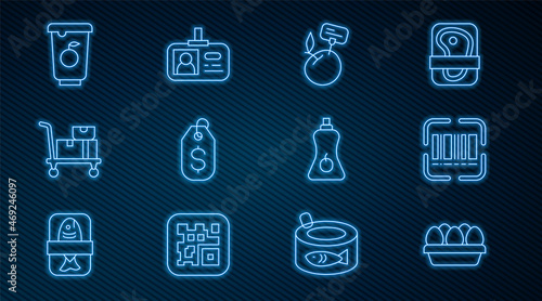 Set line Chicken egg in box, Supermarket food products with price label, Price tag dollar, Hand truck and boxes, Yogurt container, Sauce bottle and Identification badge icon. Vector