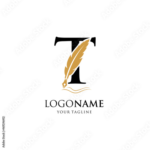 Letter T Feather Pen Logo Design Vector Icon Graphic Emblem Illustration Background Template photo