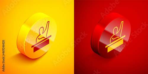 Isometric Active male kid raising hand answering to teacher question icon isolated on orange and red background. An elementary student raises his hand. Circle button. Vector