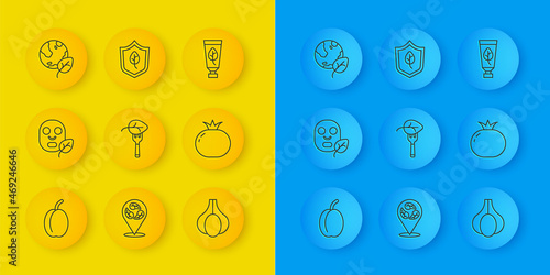 Set line Plum fruit, Facial cosmetic mask, Vegan food diet, Garlic, Tomato, Earth globe and leaf, Organic and icon. Vector