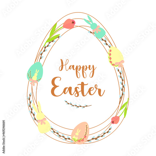 Happy Easter lettering, spring card, eggs rabbit pussy willow twigs nest flower tulip. Congratulation. Isolated. White background. Vector illustration