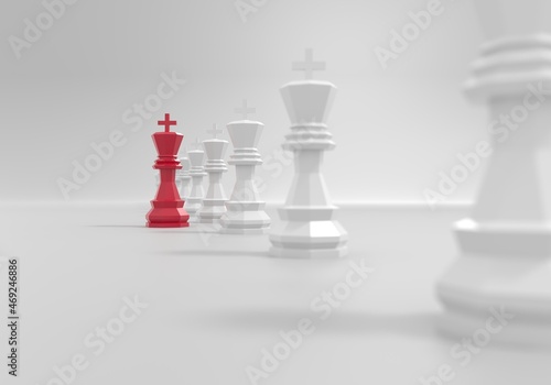 Red king of chess, standing out from the crowd of whites.